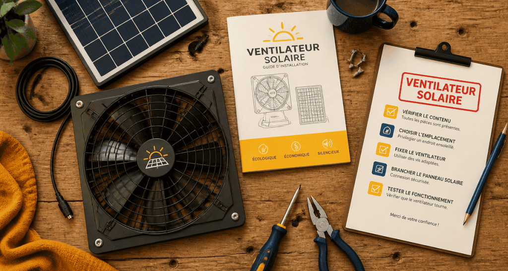 ventilateur panneau solaire sur table avec outils