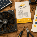 ventilateur panneau solaire sur table avec outils