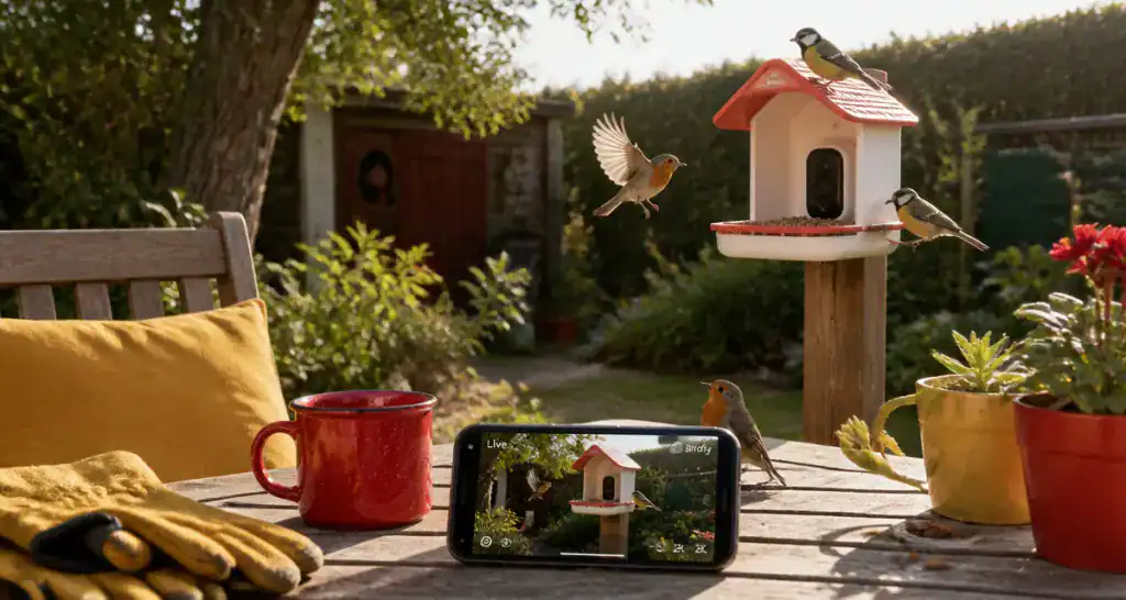 birdfy mangeoire connectée avec oiseaux et smartphone
