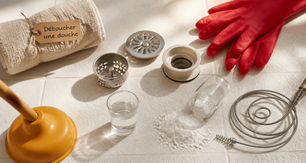 Déboucher douche produit avec outils et ingrédients