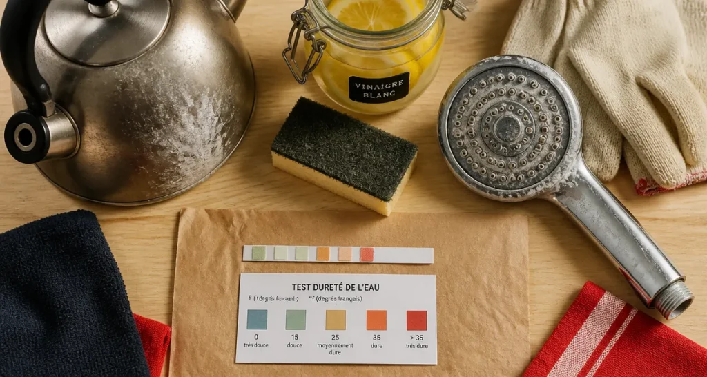 Eau calcaire solution : tartre sur bouilloire et pommeau de douche, vinaigre blanc