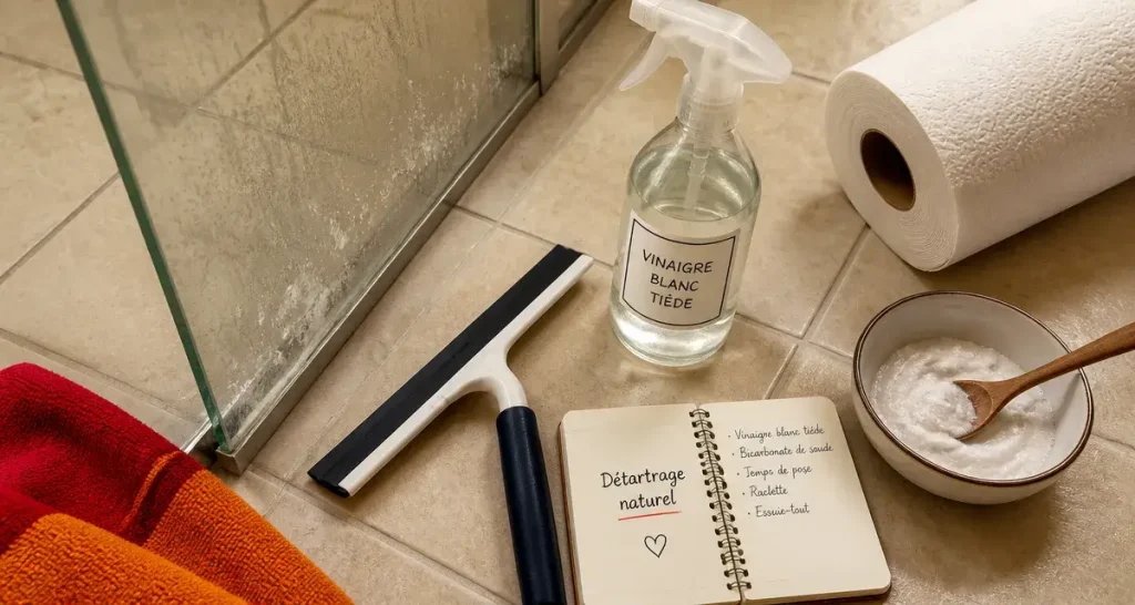Enlever le calcaire sur les parois de douche : vinaigre et bicarbonate, sans frotter