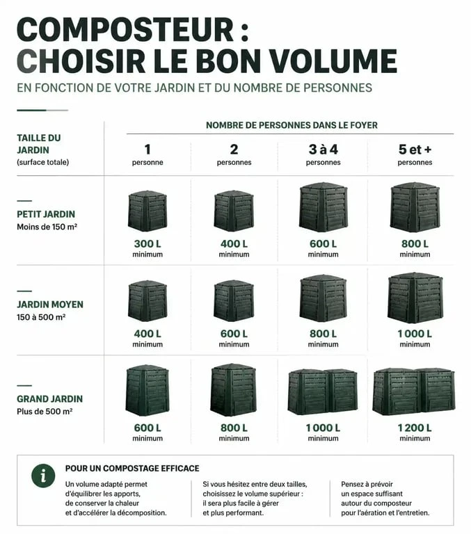 Infographie des recommandations de volume pour composteur de jardin selon la surface et le foyer