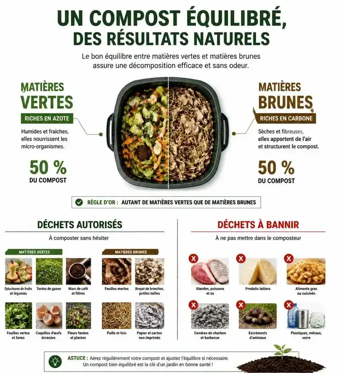 Infographie sur l'équilibre des matières dans un composteur pour réussir son compost domestique