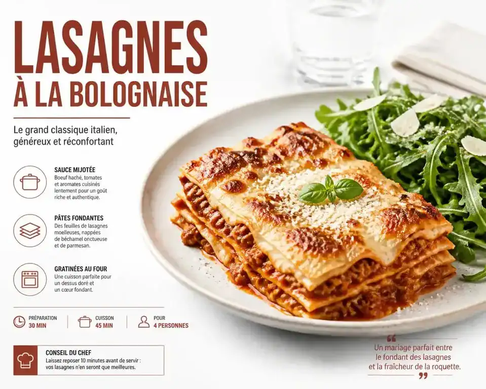 Accompagnement pour lasagne : assiette de lasagnes à la bolognaise avec salade de roquette fraîche