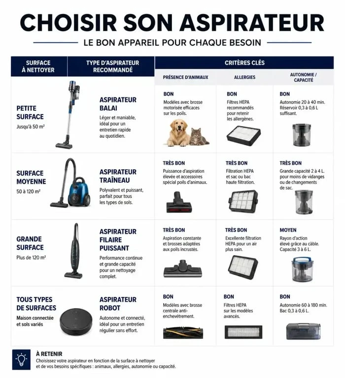 Infographie comparative pour savoir comment choisir son aspirateur selon ses besoins