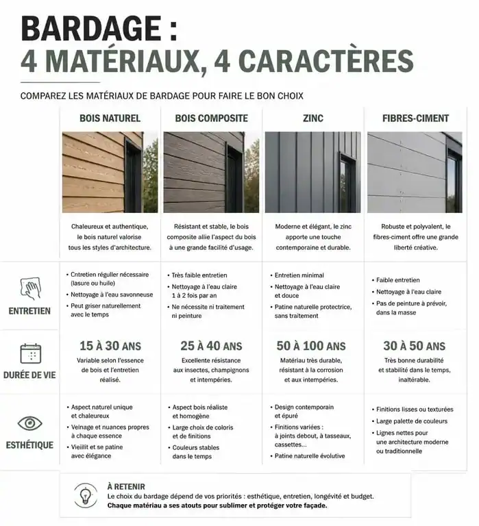 Tableau comparatif des solutions pour rénover ou embellir la façade de sa maison : bois, composite, zinc et fibres-ciment.