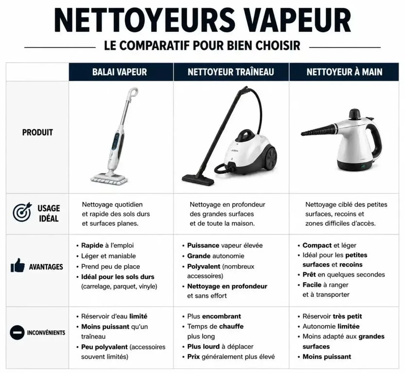 Infographie comparative des types de nettoyeurs vapeur pour bien choisir son modèle