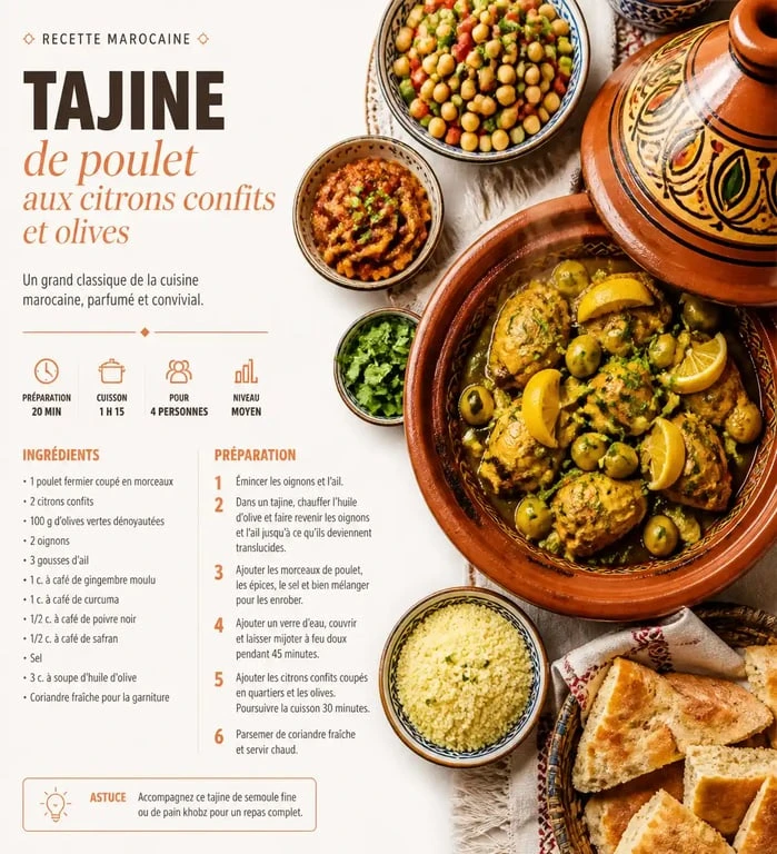 Accompagnement tajine varié avec pain khobz, salade et semoule sur une table marocaine