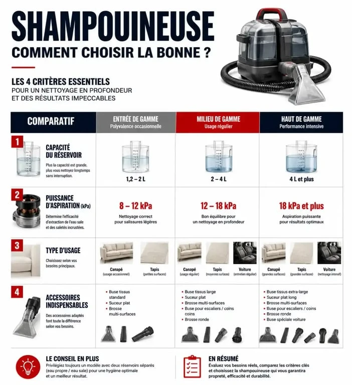 Infographie des critères de choix pour la meilleure shampouineuse domestique