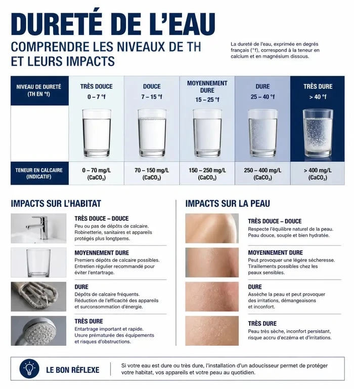Infographie des niveaux de dureté de l'eau et solutions contre l'eau calcaire