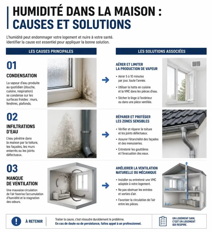 Infographie sur les causes et solutions pour éliminer l'odeur humidité maison