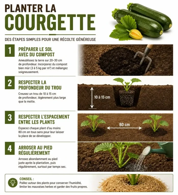 Infographie des étapes de plantation des courgettes au potager