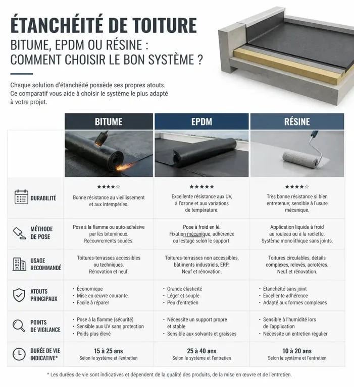 Infographie comparative des solutions d'étanchéité des toitures