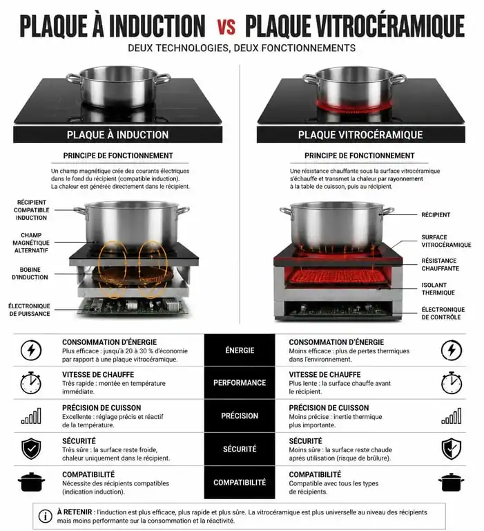 Infographie comparative : différence entre plaque à induction et plaque vitrocéramique pour le choix de votre équipement de cuisine
