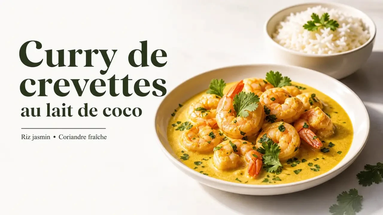 Curry de crevettes au lait de coco et pâte de curry rouge servi avec du riz jasmin