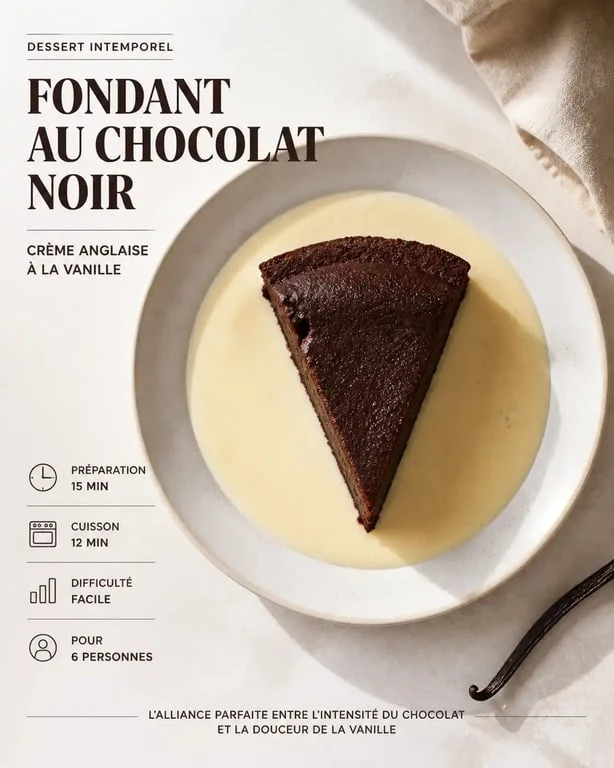 Fondant au chocolat noir servi avec une crème anglaise onctueuse