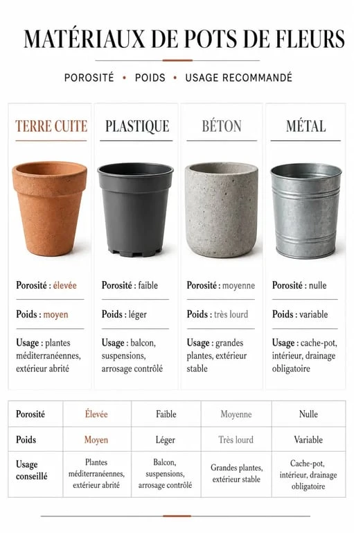 Tableau comparatif des matériaux pour pot de fleurs : terre cuite, plastique, béton et métal