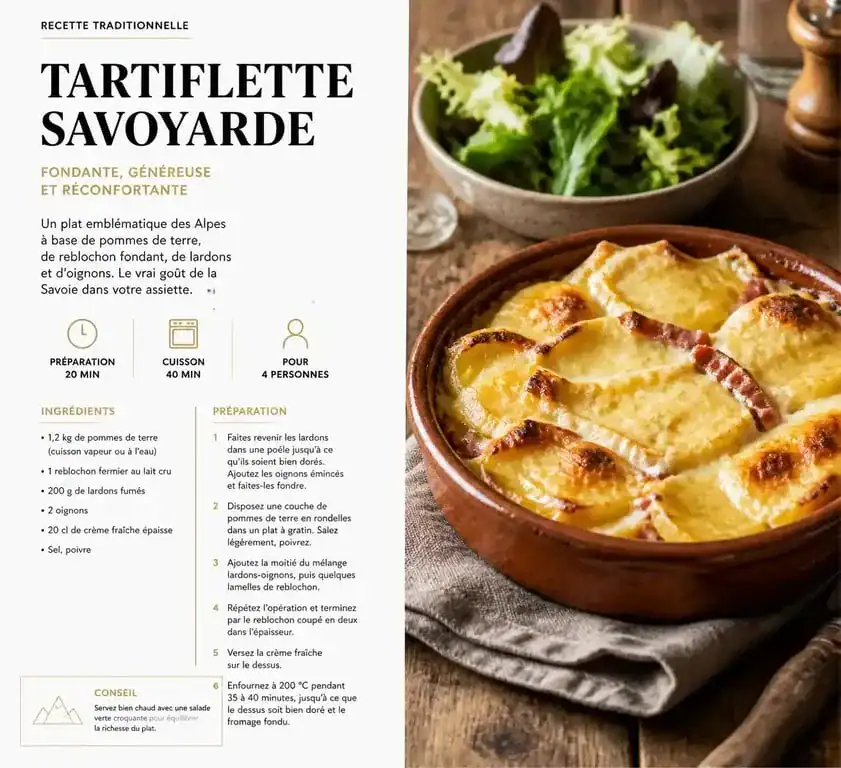 Tartiflette savoyarde accompagnée d'une salade verte fraîche pour un repas équilibré