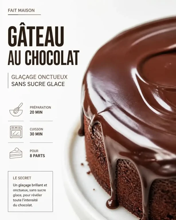 Glaçage au chocolat brillant réalisé sans sucre glace sur un gâteau maison