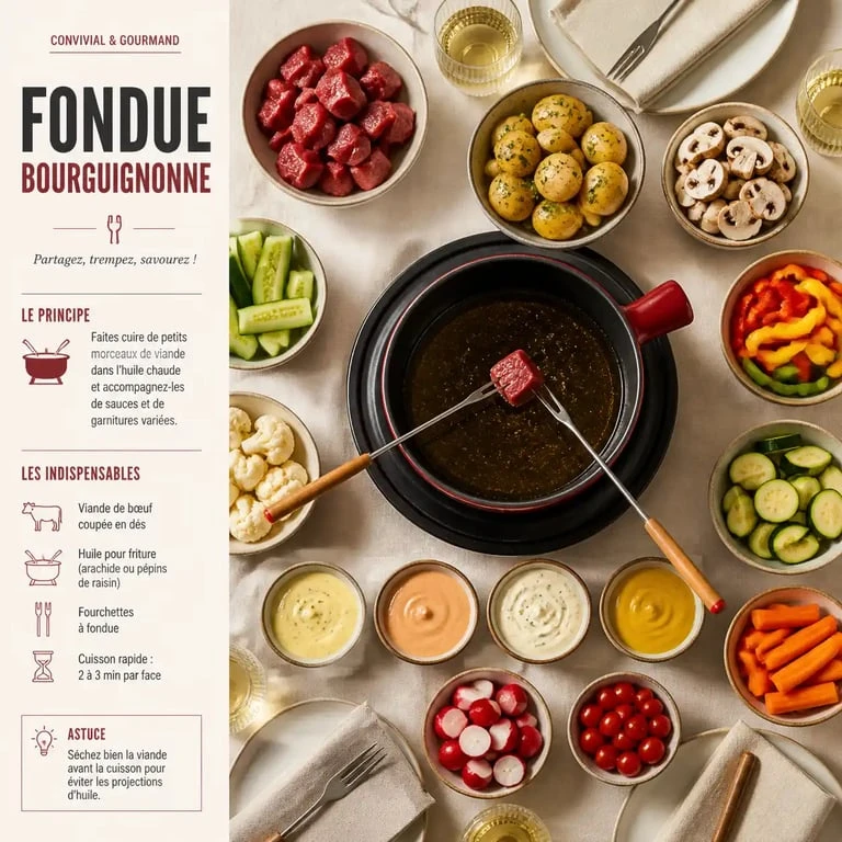 Table dressée avec accompagnements pour fondue bourguignonne