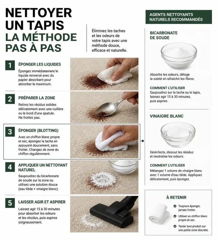 Illustration des étapes pour nettoyer une moquette efficacement avec des méthodes naturelles