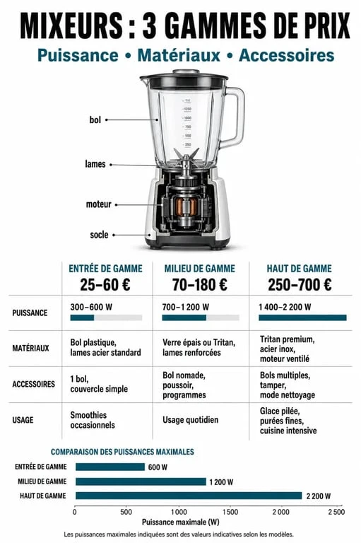 Infographie comparative des prix et caractéristiques techniques des mixeurs de cuisine