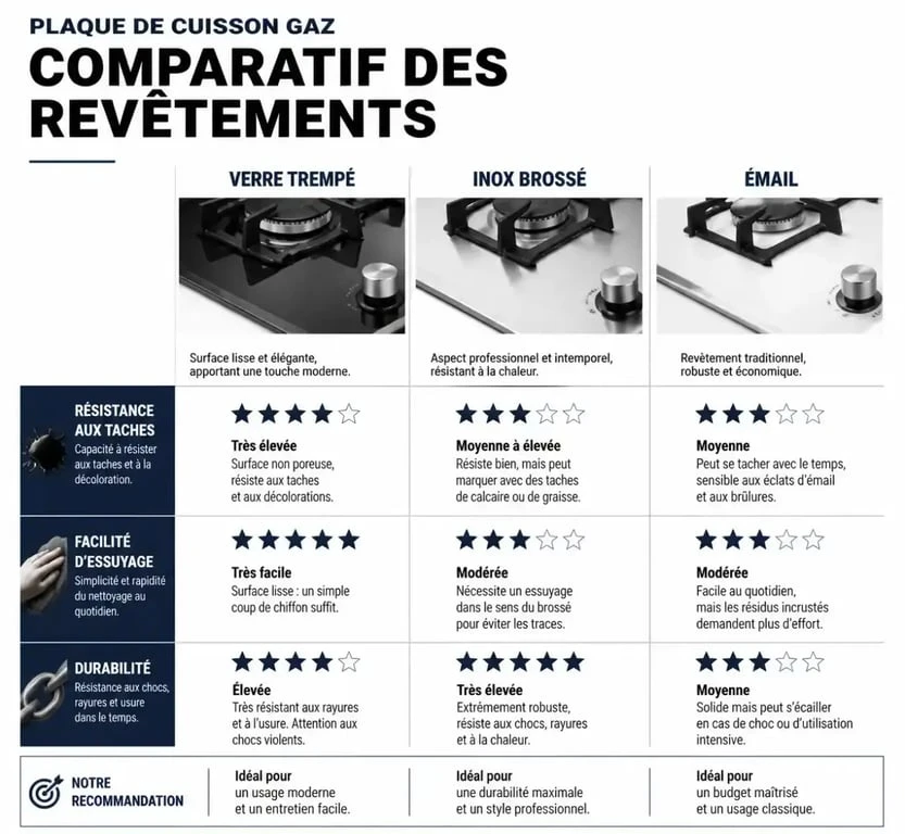 Tableau comparatif des matériaux pour plaque de cuisson gaz 5 feux facile à nettoyer : verre trempé, inox et émail.