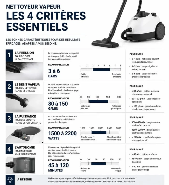 Infographie des critères techniques pour choisir le meilleur nettoyeur vapeur