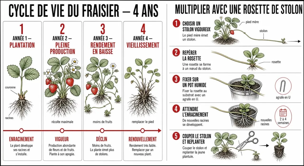 Schéma illustrant le cycle de vie et la méthode de multiplication par stolons pour renouveler ses vieux fraisiers