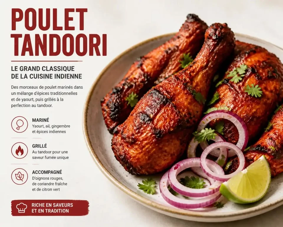Poulet tandoori traditionnel aux épices tandoori servi avec oignons et coriandre