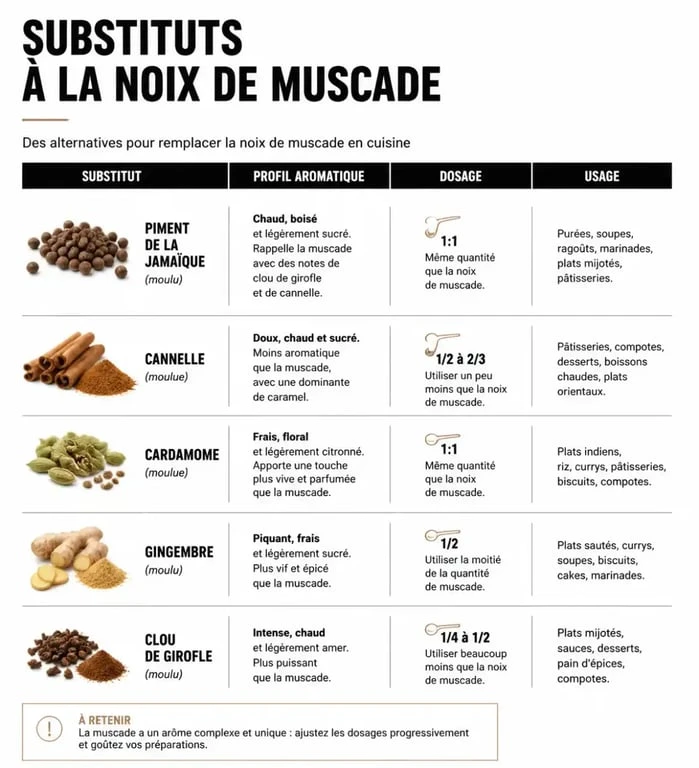 Tableau comparatif des substituts à la noix de muscade pour vos recettes