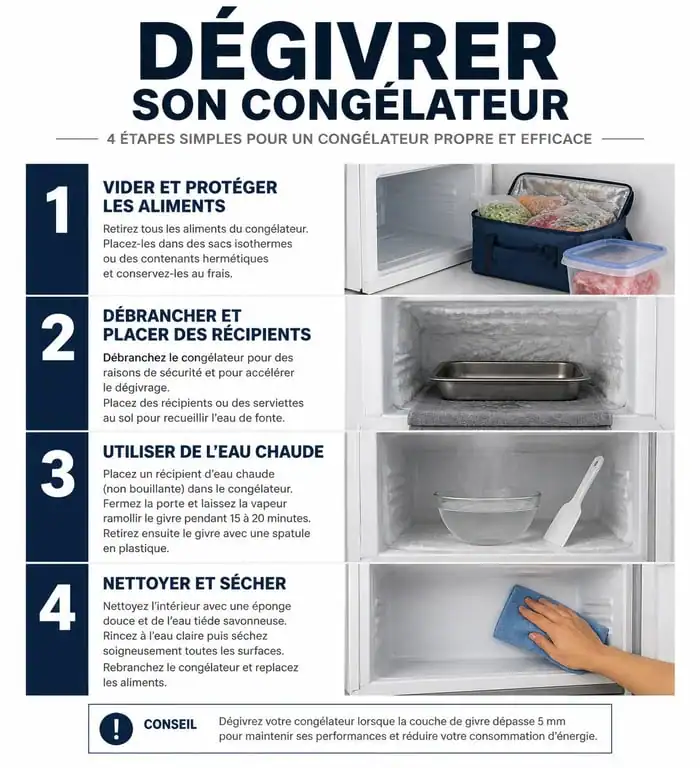 Infographie des étapes pour dégivrer un congélateur efficacement et en toute sécurité