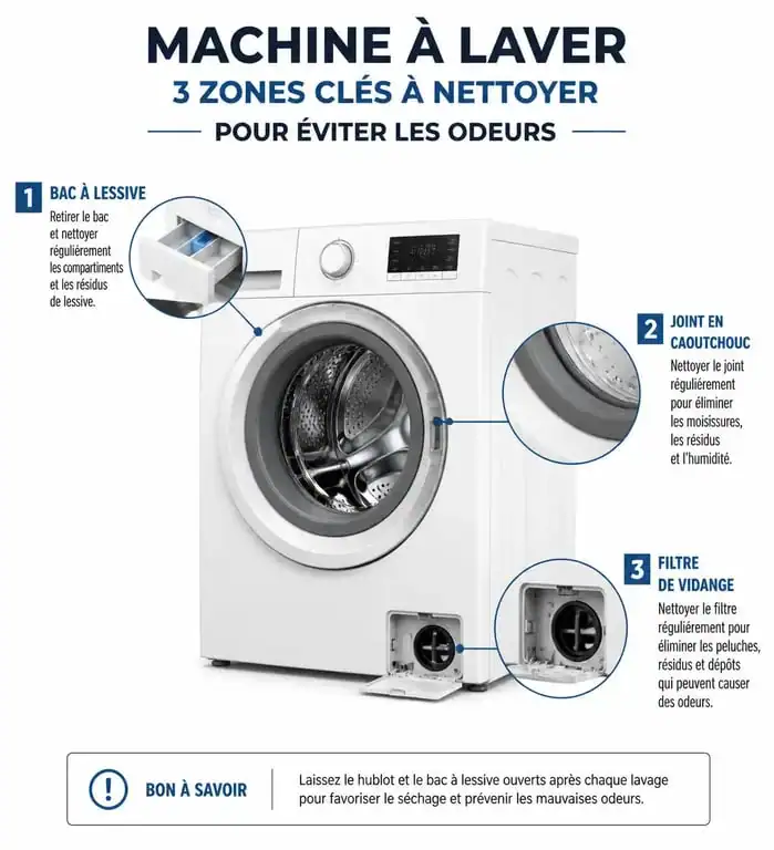 Schéma des zones à nettoyer pour éviter les mauvaises odeurs dans une machine à laver