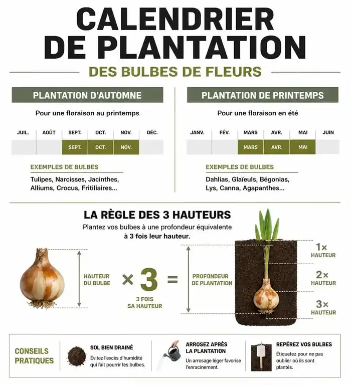 Calendrier et guide de profondeur pour planter des bulbes de fleurs au jardin