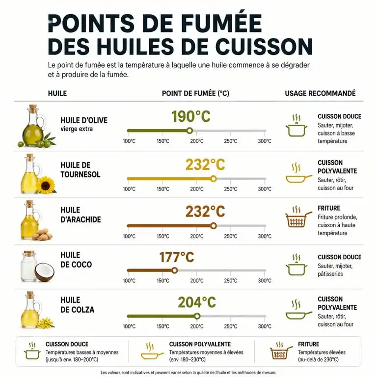 Infographie comparative des points de fumée et usages des huiles pour la cuisson