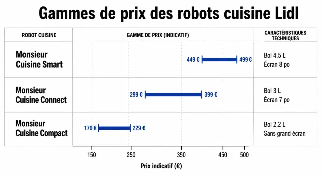 Infographie comparative des prix et fonctionnalités des robots Monsieur Cuisine Smart, Connect et Compact