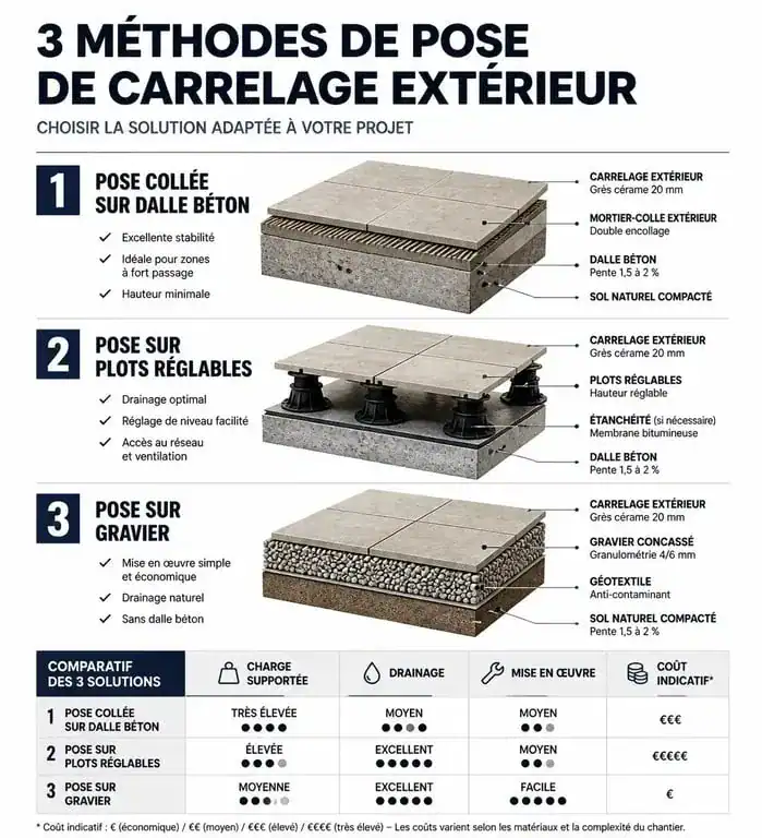 Comparatif des techniques de pose pour carrelage terrasse moderne : collée, sur plots et sur gravier