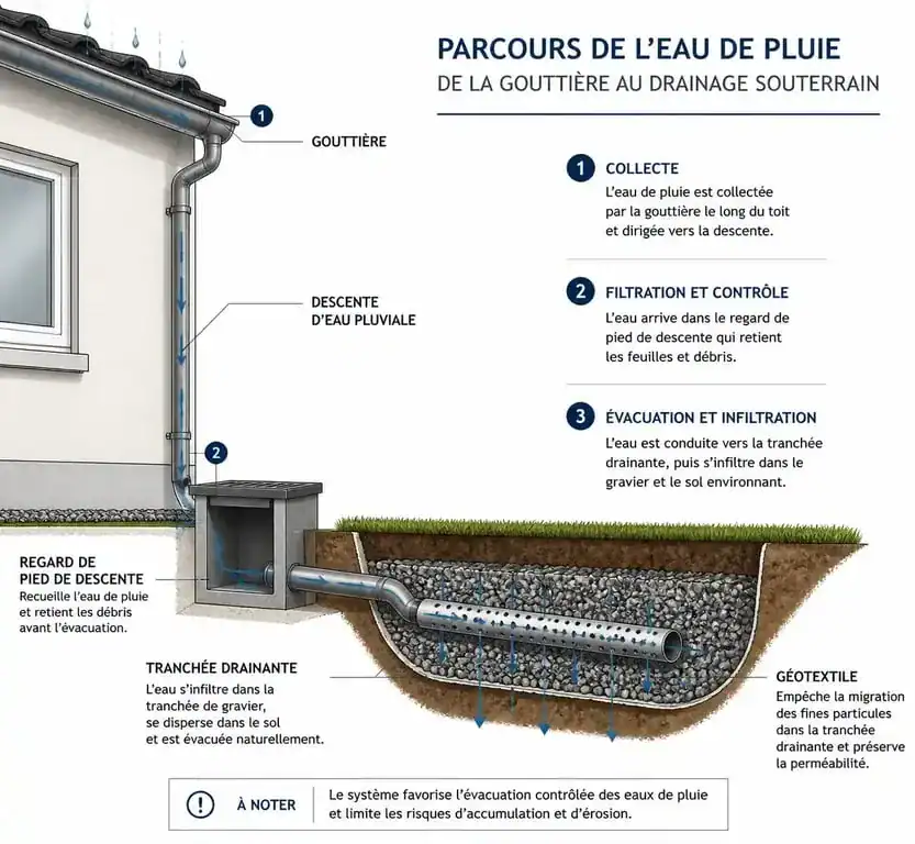 Schéma de fonctionnement d'un système de drainage eau de pluie gouttière