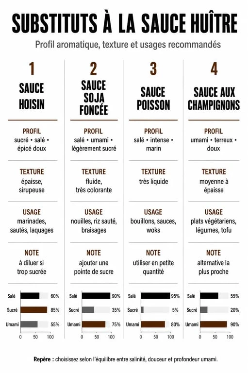 Infographie comparative des meilleures alternatives à la sauce huître pour vos recettes