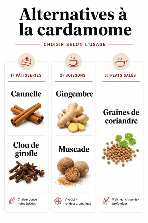 Tableau des meilleures alternatives à la cardamome pour remplacer cette épice dans vos recettes