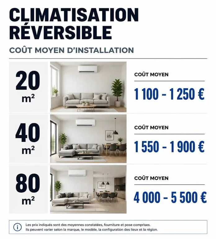 Infographie des prix de pose et matériel pour climatisation Brico Dépôt selon la surface