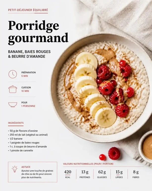 Bol de porridge maison crémeux garni de fruits frais et d'amandes pour une recette de porridge saine et gourmande