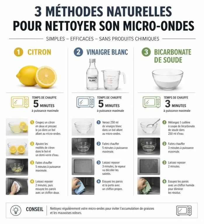 Infographie des méthodes naturelles pour le nettoyage micro onde : citron, vinaigre et bicarbonate
