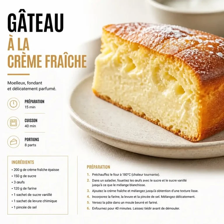 Gâteau moelleux à la crème fraîche, dessert rapide et gourmand