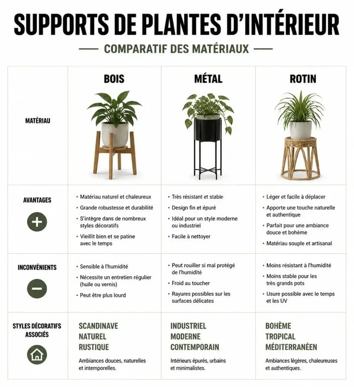 Comparatif des matériaux pour support plante intérieur : bois, métal et rotin