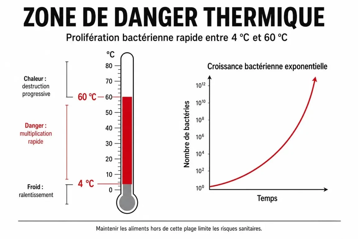 Infographie sur la zone de danger thermique et la conservation des produits décongelés au réfrigérateur