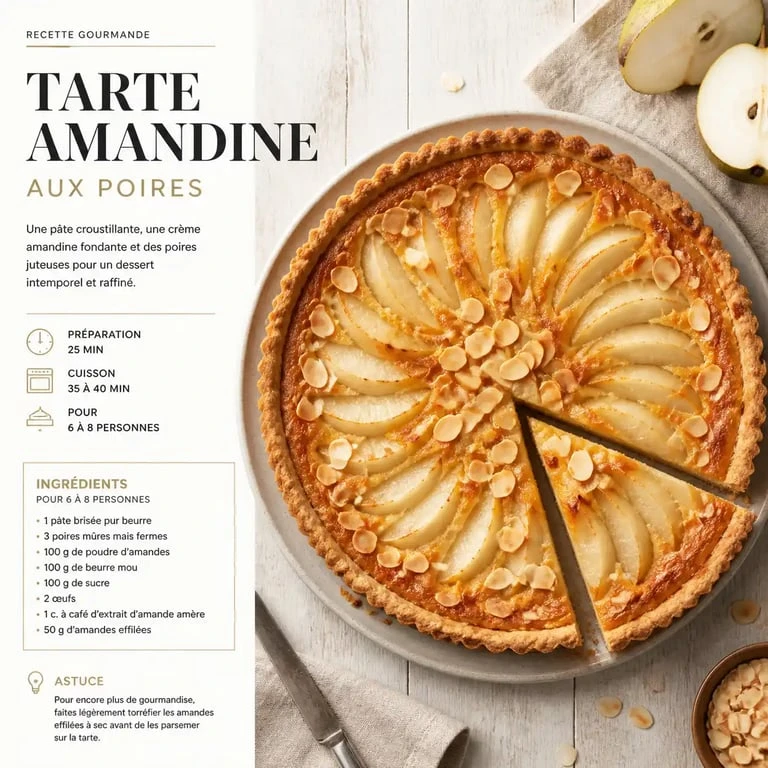Tarte amandine aux poires maison réalisée avec une pâte brisée croustillante