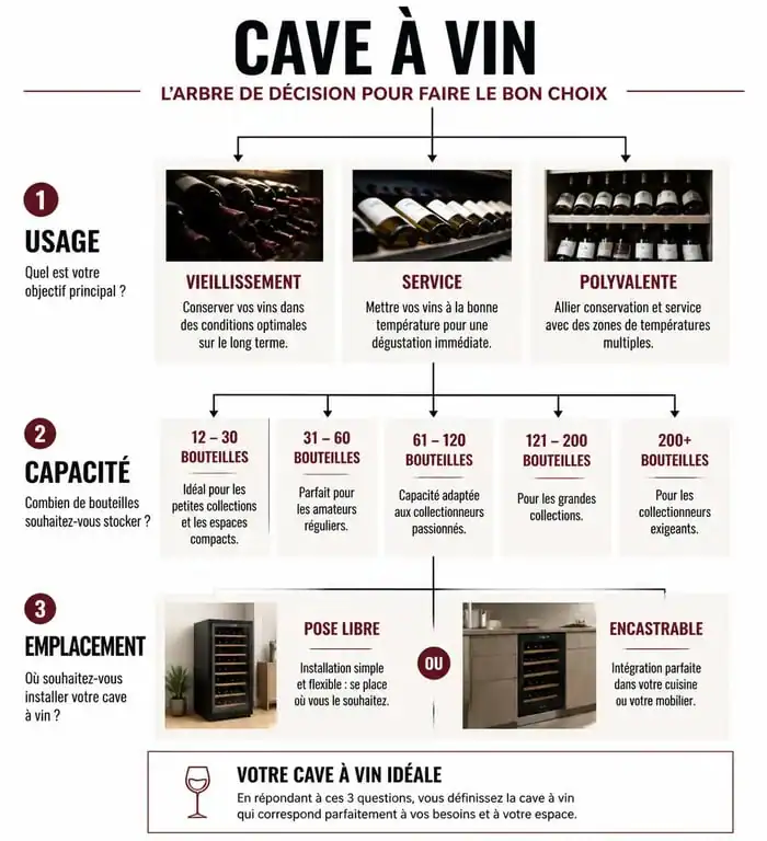 Infographie pour choisir sa cave à vin selon l'usage et la capacité
