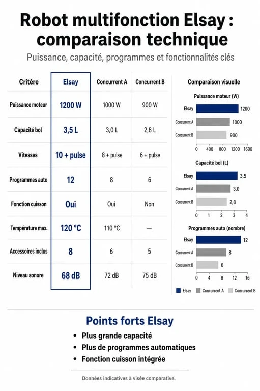 Comparatif des caractéristiques techniques du robot multifonction Elsay et ses concurrents